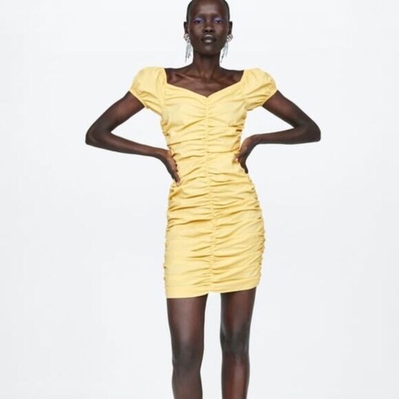 Zara NWT Ruched Dress in Yellow size S Small Bloggers Favorite - Picture 5 of 12